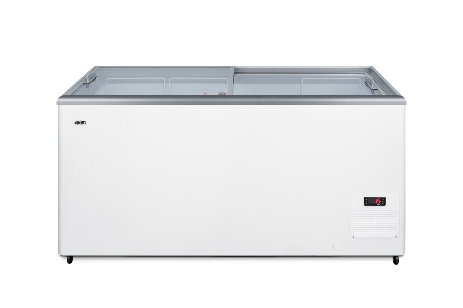 Flat top commercial ice cream freezer with sliding glass lid, digital thermostat, novelty baskets, and 15 cu.ft. capacity